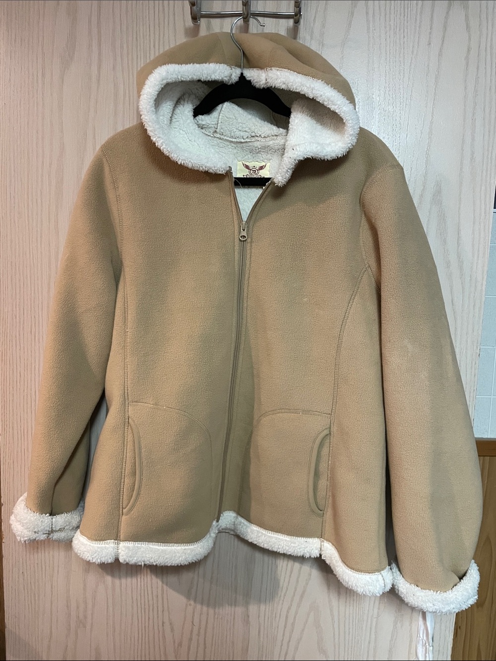 Faded Glory Hooded Faux-Shearling Jacket - Tan with White Trim